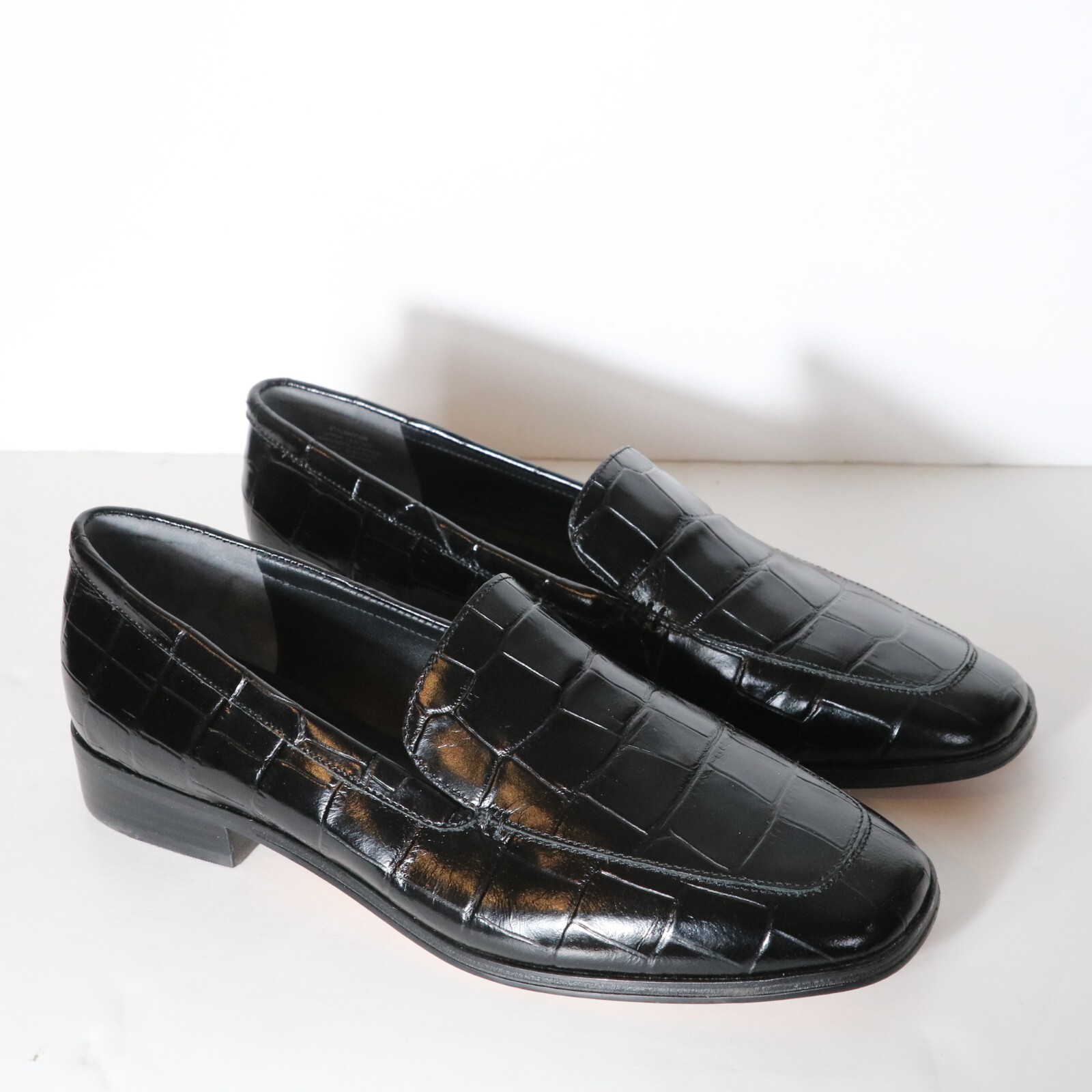 J Crew Maison Loafers Croc Embossed Italian Leather Womens 10.5 Black Square Toe
