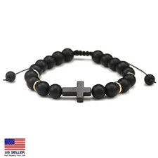 Unisex Natural Black Stone Bracelet Jesus Cross Style Men Women Beaded 1133