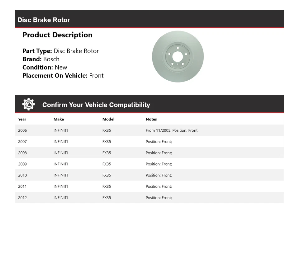 Rotor de freno de disco delantero para Infiniti FX35 2006-2012 Bosch QuietCast 2007 2008 Foto 2 de 4