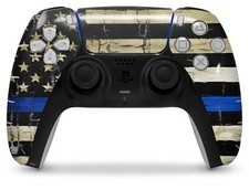 Skin Sony PS5 Controller Painted Cracked Blue Line Stripe USA American Flag