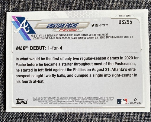 2021 Topps Update Christian Pache RC #US295 Atlanta Braves - Bild 2 von 2