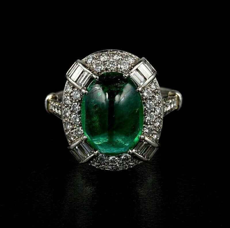 Victorian 925 Silver Ring with 5.00TCW Emerald Cabochon and CZ Stone-image