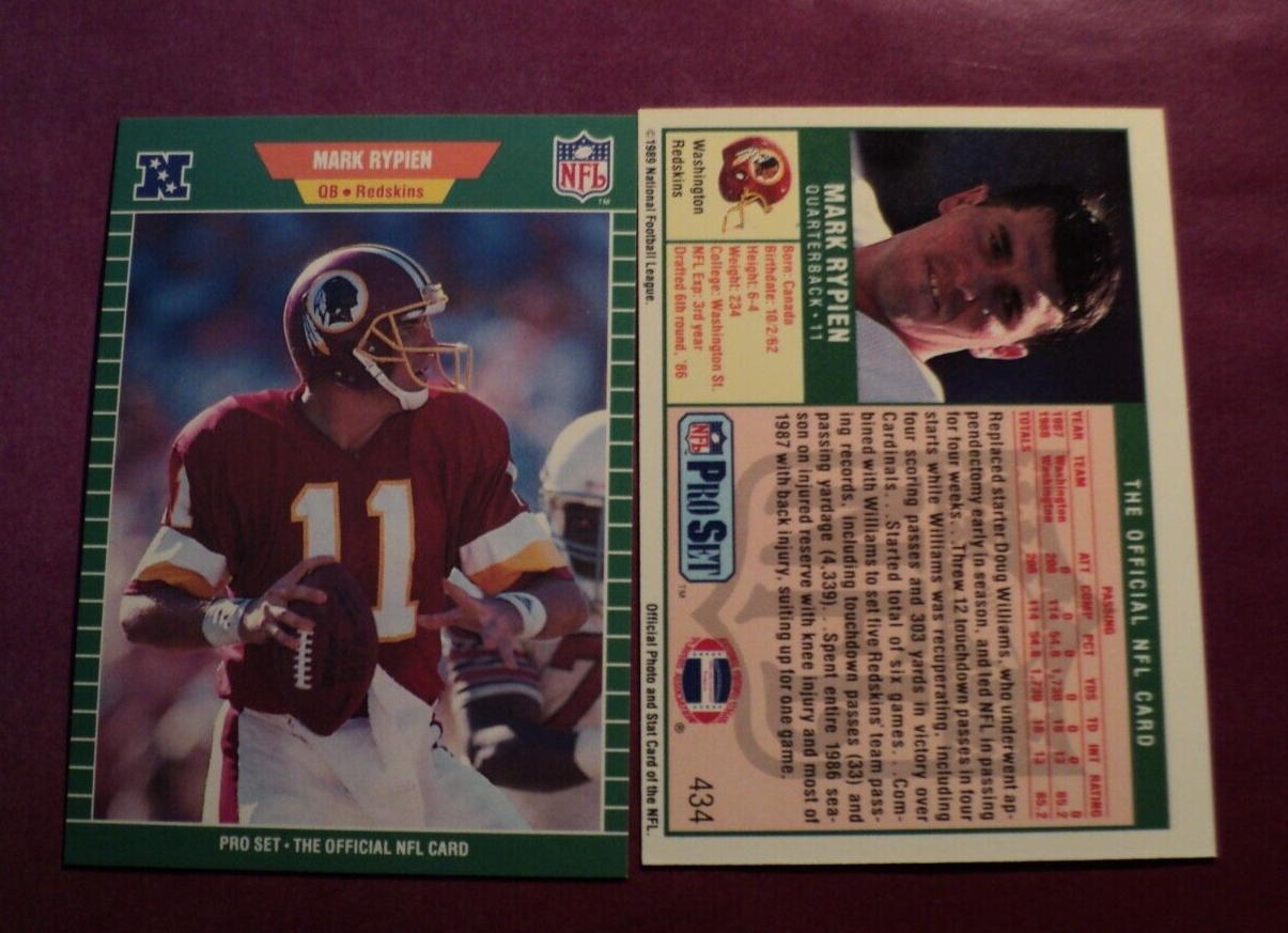1989 Pro Set Mark Rypien Rookie Washington Redskins #434 NMT AUCT#8994 ...