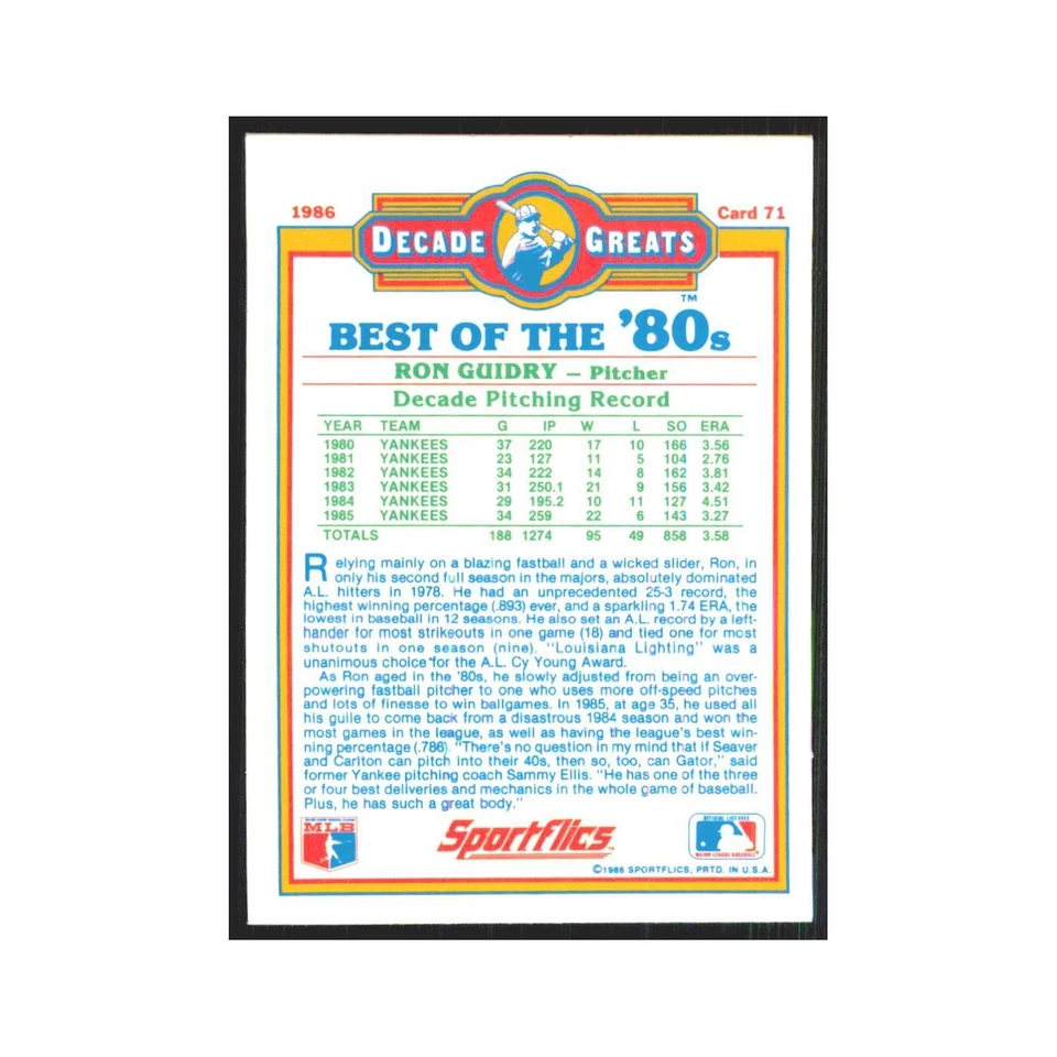 Ron Guidry 1986 Sportflics Decade Greats #71.0 New York Yankees Baseball Card NM - Image 2 of 3
