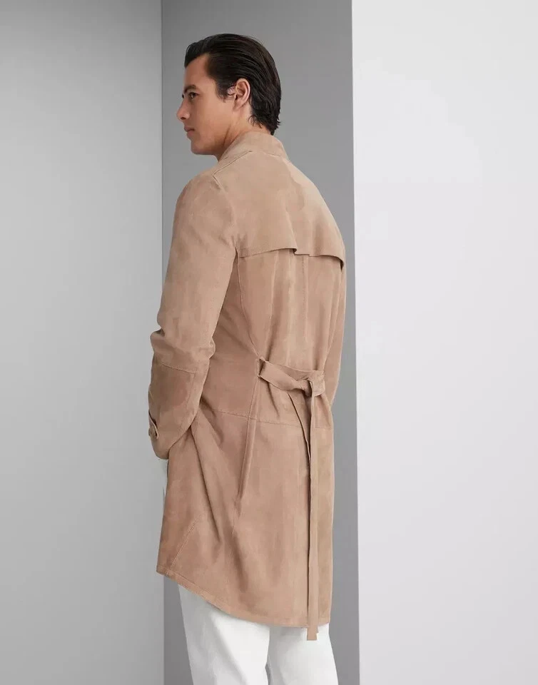 New Men Trench Coat Beige Suede Handmade Lambskin Stylish Fashionable Fit Soft - Image 3 of 4