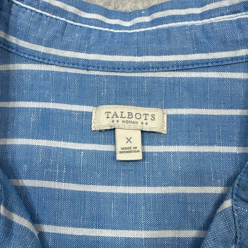 Talbots Popover Top Women X Blue White Striped Linen Blend Long Sleeve Summer - Picture 2 of 12