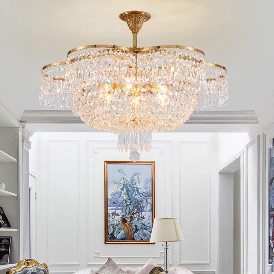 Lámpara de techo de bronce dorado con colgante de cristal de 23,6" de lujo Foto 3 de 4