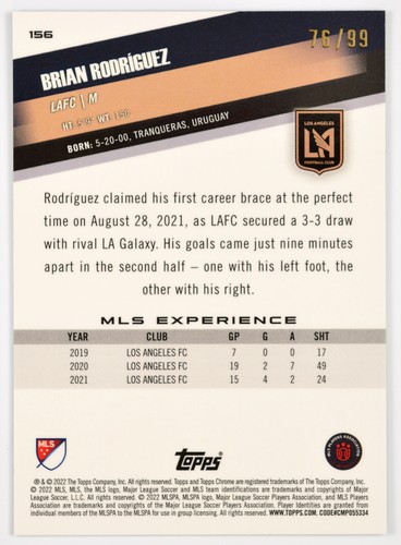 BRIAN RODRIGUEZ - 2022 Topps Chrome MLS Neon Green Lava SN #156 LAFC #/99 - Picture 2 of 2