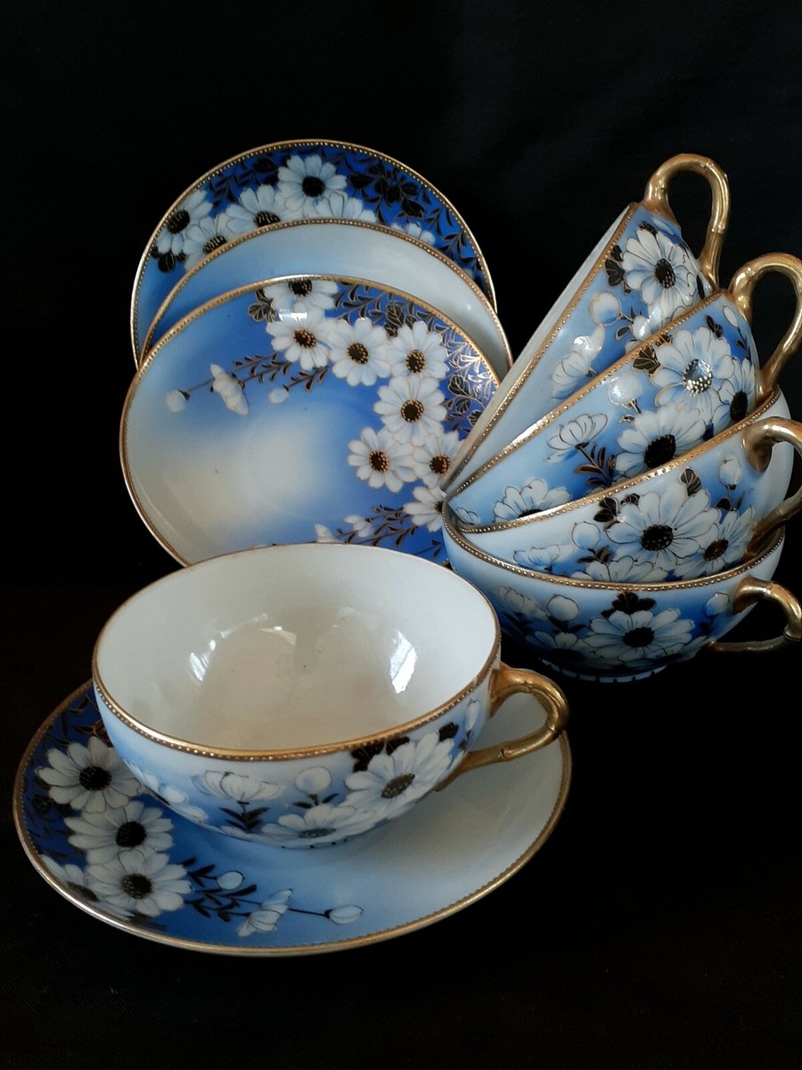 Antique Nippon hand painted blue eggshell porcelain Dasies tea set
