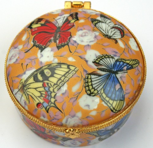 Butterflies On Gold Chintz Hinged China Trinket Box