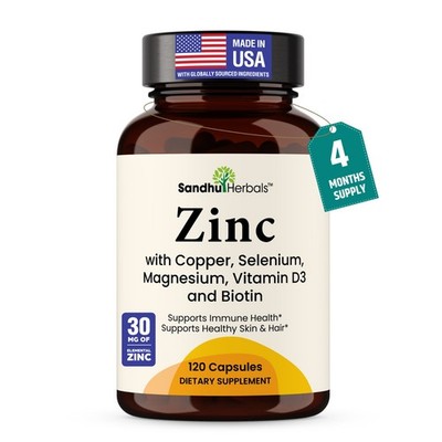 SANDHUHERBALS Zinc 30mg with Copper, Selenium & Vitamin D3, 120 Capsules