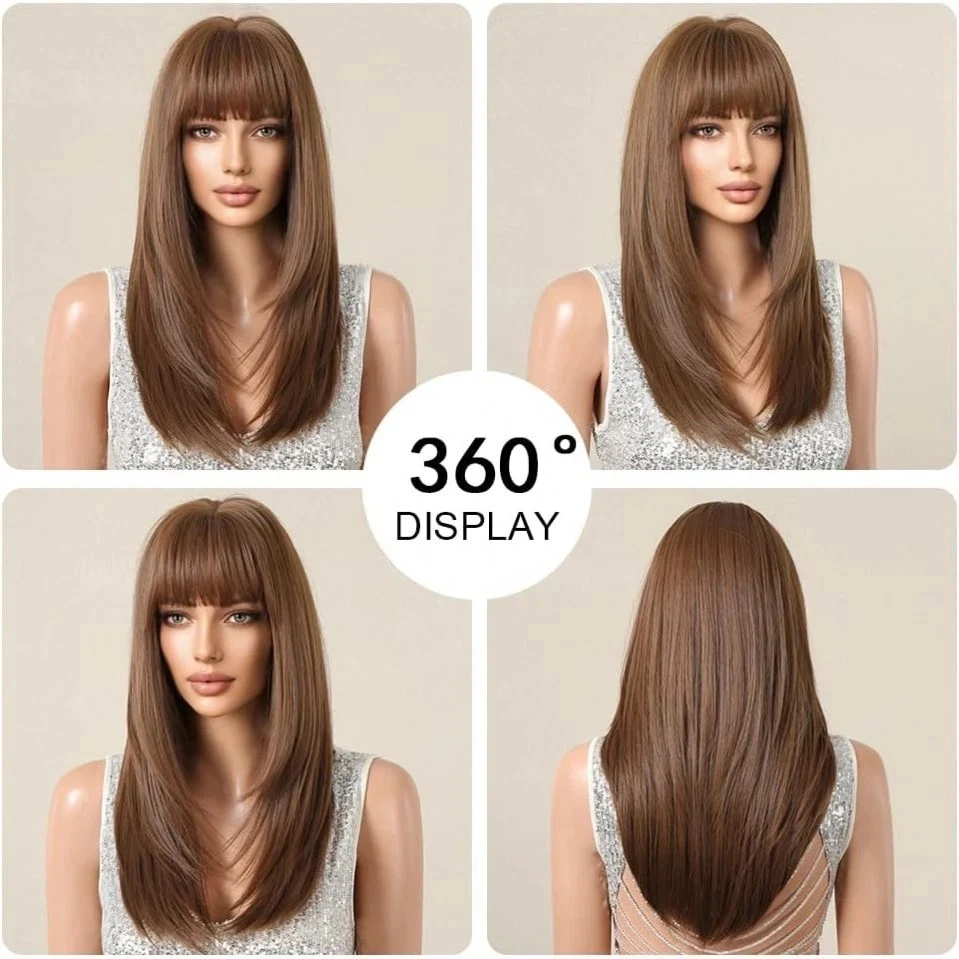 Peluca sintética de cabello resistente al calor Cosplay fiesta con flecos larga recta granate Foto 3 de 4