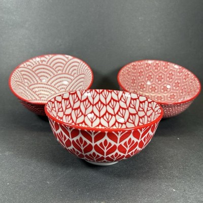 Red White Geometric Emika Ceramic Rice Tidbit Appetizer Dip Sauce Bowls Set 3