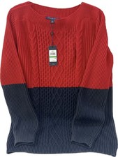 Tommy Hilfiger NWT Stretchy Ribbed Knit Sweater Pullover Red/ Blue Crew Neck Lg.