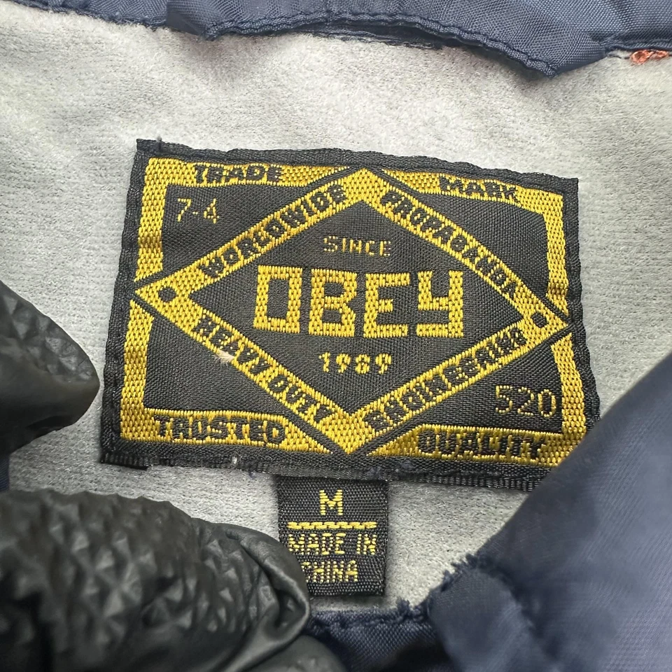 OBEY Jacket Mens Medium Blue Nylon Fleece Lined Snap Front Workwear Coach Raglan - Image 2 of 4