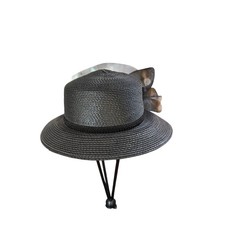 Elegant Black Straw Church Hat Women's Dressy Wide Brim Sun Hat with Flower