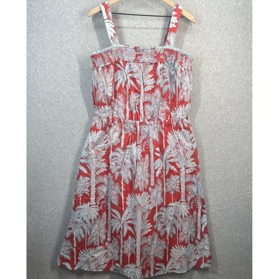 Talbots Red Tropical Palm Tree Smocked Midi Dress Womens 16 New Vacation Beach
