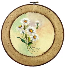 Vintage Hand Painted Daisy Art on Fabric in Wooden Embroidery Hoop – Signed