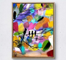 WS original mother bird painting 14X11 canvas acrylic abstract modern wall art