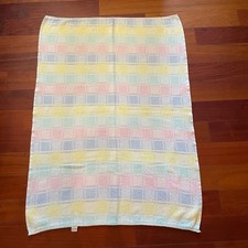 Vintage 100% Cotton Woven Baby Blanket Blue Yellow Pink Green Made in USA READ