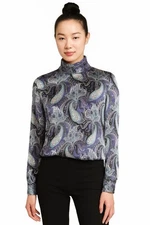 Tess Milano Paris Oriental Lotus Paisley Satin Mock High Neck Pleated Blouse