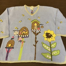 Vintage The Quacker Factory Women’s Sweater Size 1X Blue Honey Bee Sweet Heart
