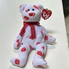Valentine gift Ty Beanie Baby Smooch White Bear Red Kiss Marks Ribbon Ret 2000