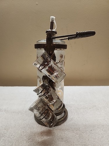 Set caddy decanter in vetro vintage metà secolo - 6 bicchieri da tiro - incisi e dorati - Foto 2 di 9