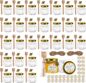1.5 Oz Mini Honey Jars - 30 Pack Hexagon Glass Jars with Wood Dippers, Gold Lids - Picture 1 of 12