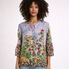 Johnny Was Sofiya Silk Tunic Bell Sleeve Tropical Leopard Print Purple NWT Small