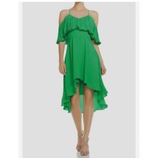 Halston Heritage Cold-Shoulder Green Dress w Pleated Flounce Ruffle Dress 4