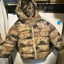 Dinosaur Print Hooded Puffer Jacket 2T Unisex Kids Zip Brown/Green/Beige