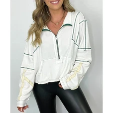 POL Marcy Half Zip Cropped Pullover Waffle Knit Sweatshirt White Size Medium  