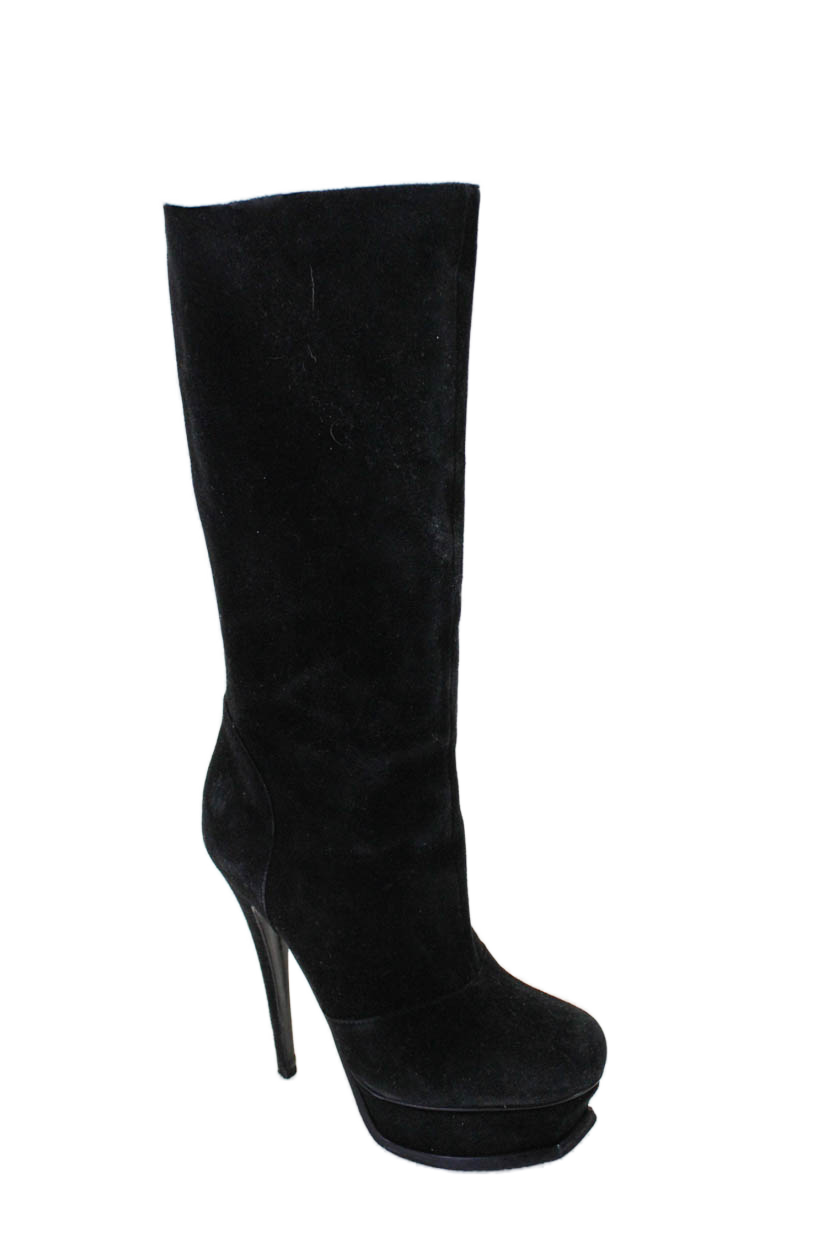 Stivali donna Yves Saint Laurent scamosciati plateau pull on metà polpaccio neri taglia 36 6