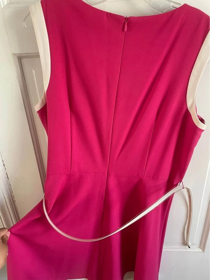Pink Sleeveless Boatneck Dress White trim Dress Barn Belted Fit & Flare Size 16 - Image 2 of 4