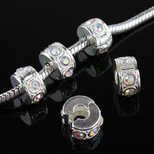 5pcs Czech Crystal Rhinestone Silver European Charm Beads Locks Clips Stoppers - Picture 20 of 43