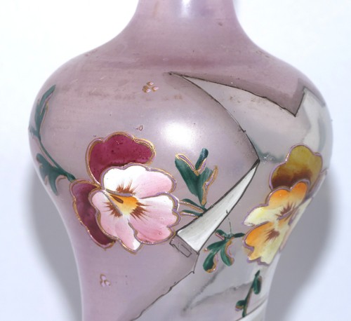 Böhmische Glas Vase violett lasiert mundgeblasen Emaillemalerei H. 20,5 cm - Picture 8 of 16