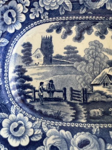 Antico piatto Clews blu transferware, modello chiesa villaggio 8,25" - Foto 3 di 7