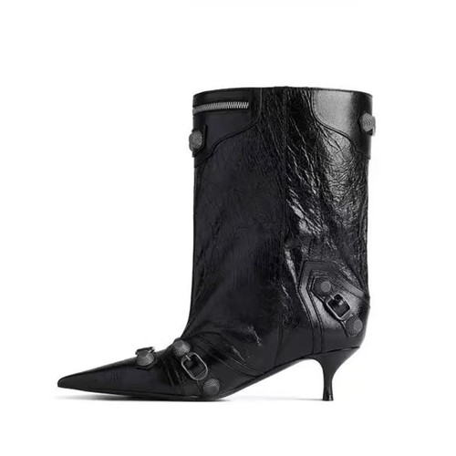 Poined Toe lässige halbhohe Damenstiefel Stilettoabsatz Schnalle Nieten amerikanischer Stil - Bild 2 von 14