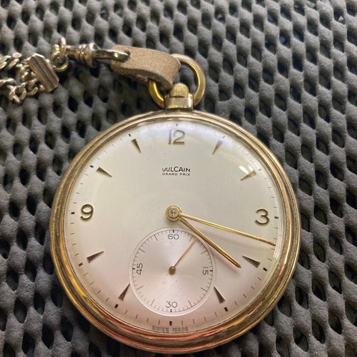 VULCAIN Grand Prix Vintage Pocket Watch Manual Gold Plated Open Face Swiss 1950s
