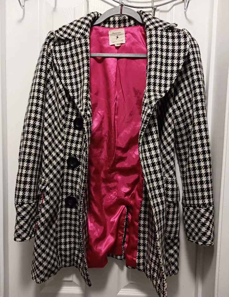 Abrigo Forever 21 Mujer Mezcla Lana Guisante Talla S Blanco Negro Cuadros Doble Pecho Foto 3 de 4