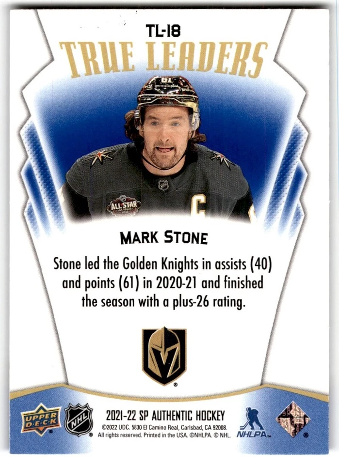 2021-22 SP Authentic True Leaders Blue Mark Stone #TL-18 - Image 2 of 2