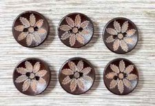dark boho wood sewing buttons 2 holes brown flowers 1/2 inch 6pc
