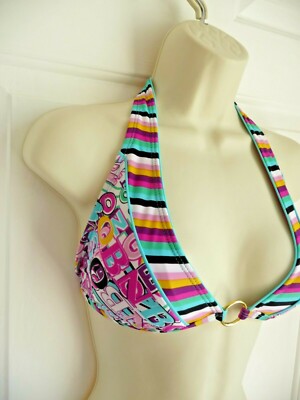 BONGO NWT Swimming Top BRA L Halter LOGO Print Triangle Cups Bright