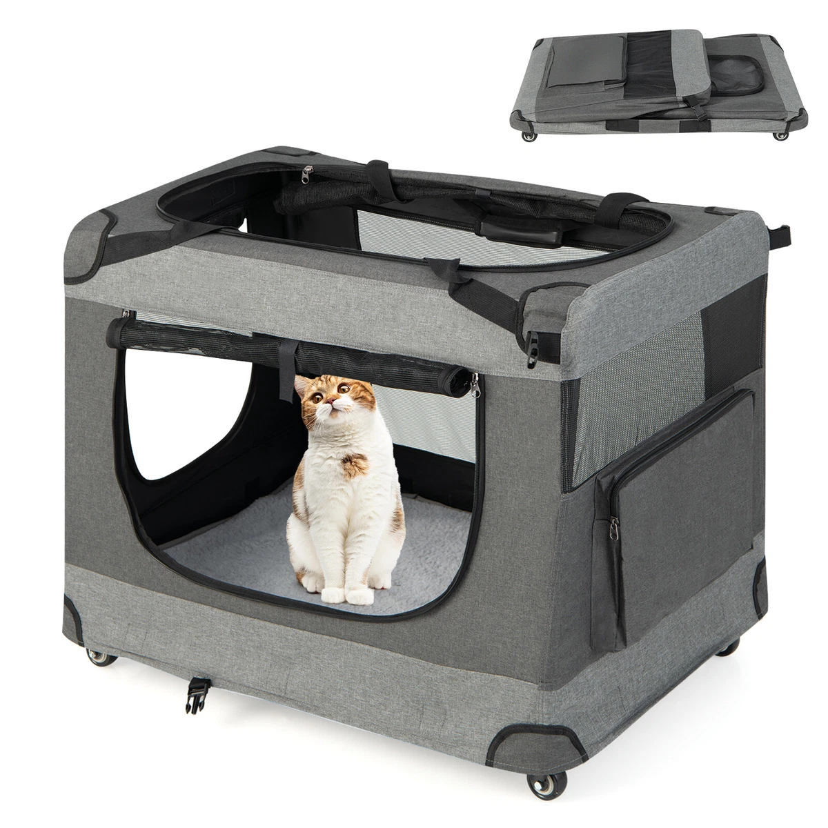 Tangkula Extra Large Portable Folding Cat Soft Crate w/ 4 Lockable Wheels  Cat Carrier