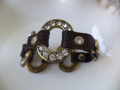 Guang Tong Vintage Black Leather Studded Rhinestone Bracelet