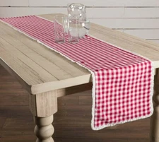 NEW Farmhouse RED WHITE CHECK EMMIE TABLE RUNNER 13"x72" Kitchen Ruffled Border
