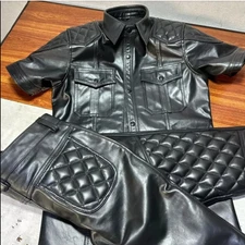 Men's Real leather black padded Police Style Bluff uniform jeans and shirt