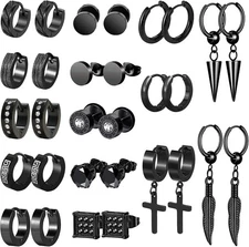Men's Earrings, 15 Pairs Hoop, Surgical Stainless Steel, Black Cross 