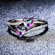 Sterling Silver 925 Ring Two Multicolor Heart...
